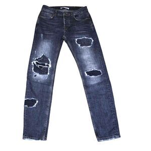 Zara Black Distressed Skinny Jeans Size 30 Button Fly Gray Denim 27” Inseam